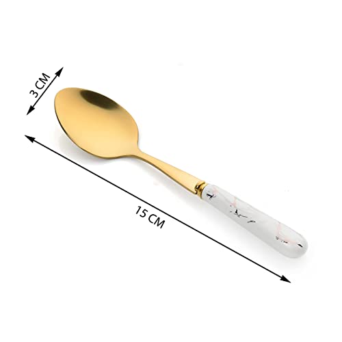 MGeezz Golden Stainless Steel Ceramic Spoons Set for Home Kitchen & Restaurant Cutlery Dinner Table Bouillon Spoon Oval Edge with Ceramic Handle Tableware Serving Spoons (Small Spoon Set of 6-15cm) - Image 3