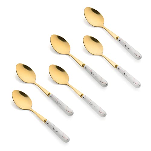 MGeezz Golden Stainless Steel Ceramic Spoons Set for Home Kitchen & Restaurant Cutlery Dinner Table Bouillon Spoon Oval Edge with Ceramic Handle Tableware Serving Spoons (Small Spoon Set of 6-15cm) - Image 1