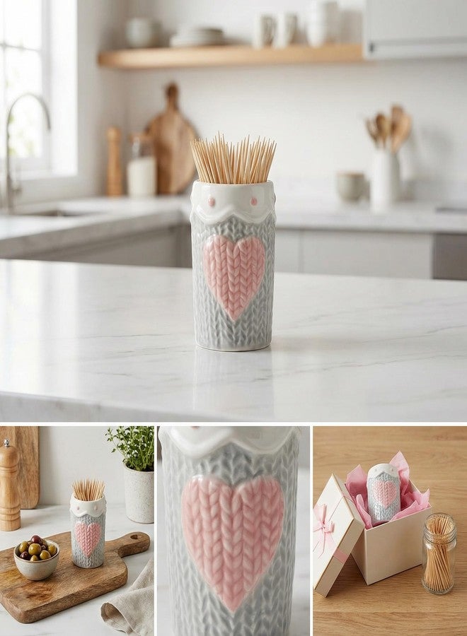 MUCKLILY Ceramic Toothpick Holder Heart Design Embossed Toothpick Jar for Kitchen Home Table Decor Compact and Stylish 1.57X1.57X2.36 Inch - Image 3