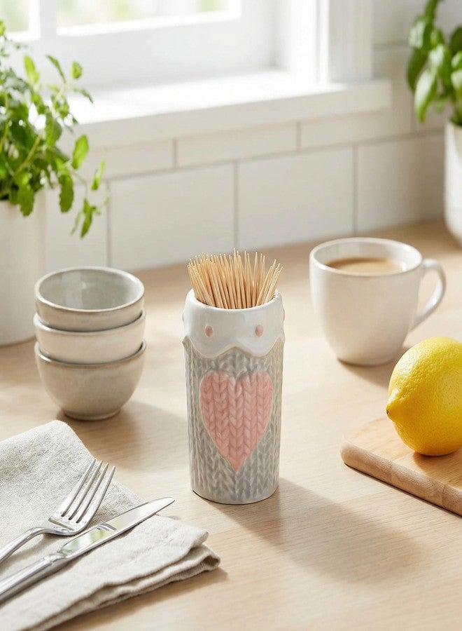 MUCKLILY Ceramic Toothpick Holder Heart Design Embossed Toothpick Jar for Kitchen Home Table Decor Compact and Stylish 1.57X1.57X2.36 Inch - Image 2