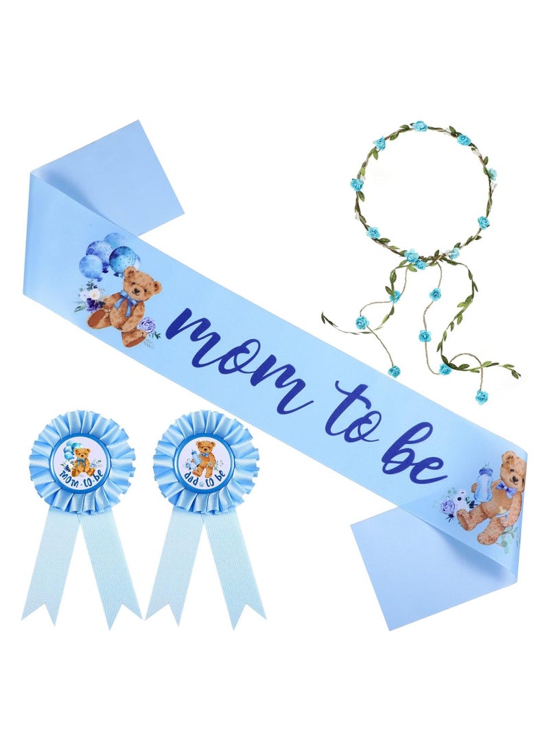 SOLARAE Bear Theme Mom to Be Sash, Baby Shower Dad to Be Pin and Flower Crown Headband for Gender Reveals Party Baby Shower Party Favors Decorations for Boys and Girls Pregnancy Props Keepsake - Image 1