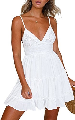 ECOWISH Summer Dresses for Women 2025 V-Neck Spaghetti Strap Bowknot Backless Sleeveless Lace Mini Swing Skater Dress White Medium - Image 1