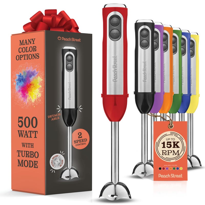 Peach Street خلاط غمر قوي خلاط يدوي كهربائي 500 واط مع وضع التيربو قاعدة قابلة للفصل خلاط مطبخ محمول للحساء والسموذي والهرس وطعام الأطفال شفرات من الفولاذ المقاوم للصدأ 304 أحمر
