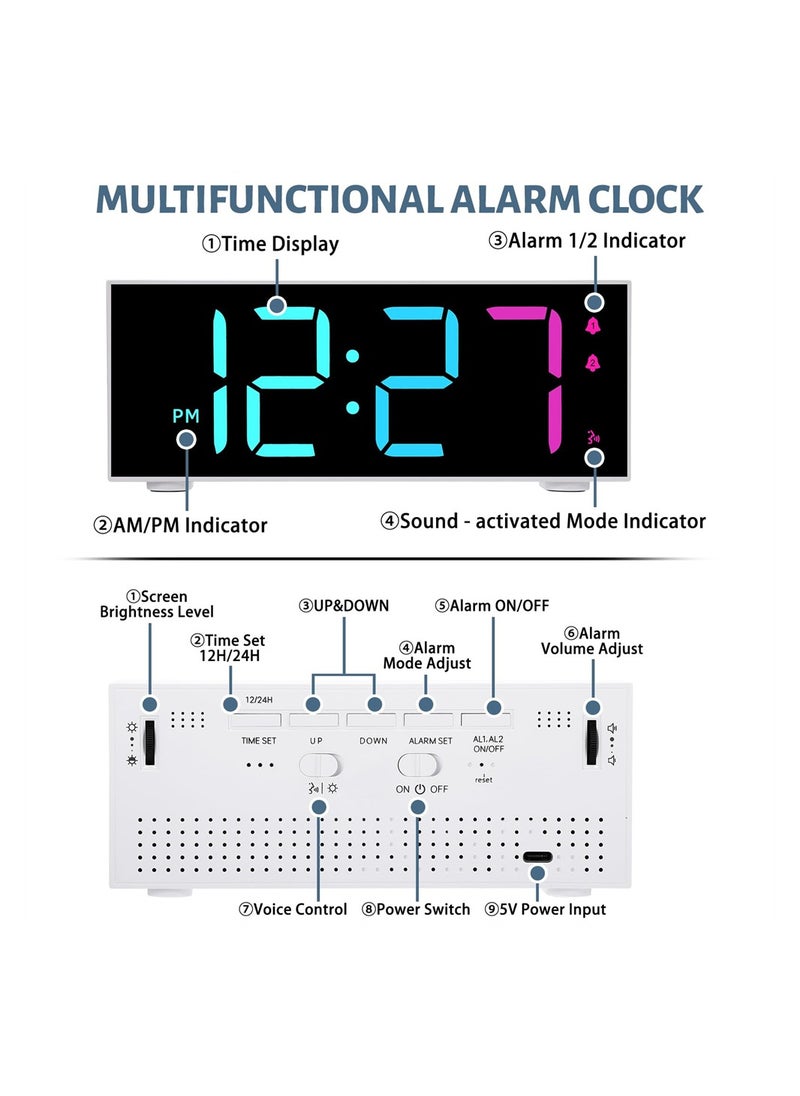Excefore - Colorful Digital Alarm Clock, Alarm Clocks with Large LED Display, 8 RGB Colorful Alarm Clocks Bedside with Dual Alarm Mains Powered & Snooze, Voice Control, 12/24Hr for Kids Teens - Image 1