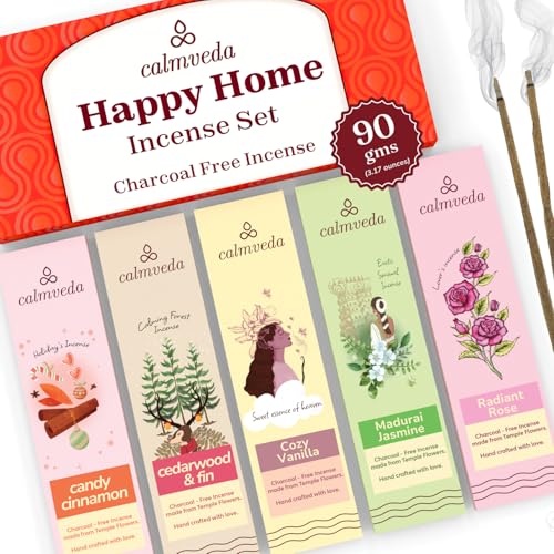 Calmveda Happy Home Incense Sticks Multipack- (5 Variants) Charcoal Free, Made from Upcycled Flowers | Insense Cozy Warm Sticks Like Vanilla Cake, Balsam Cedar, Rose & Cinnamon | Perfect Incense Gift Set - Image 1