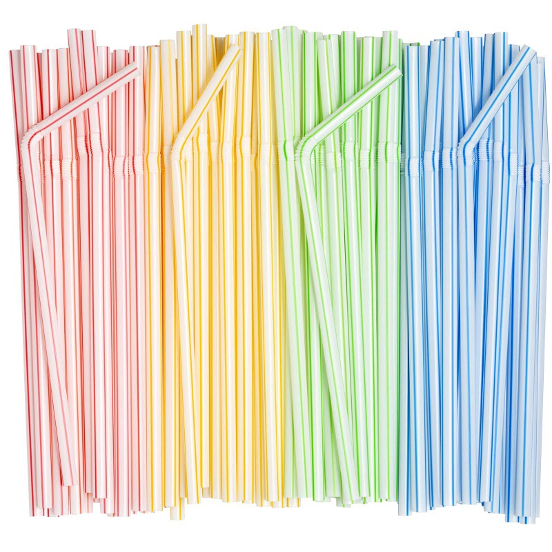 Comfy Package [200 Pack] 7.75"" High Flexible Plastic Straws  Disposable Drinking Straws - Striped Assorted Colors - Image 1