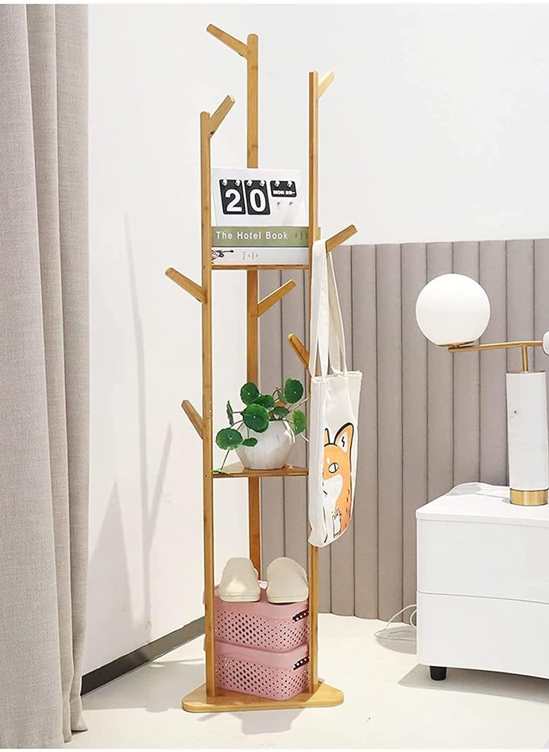 Generic Bamboo Coat Rack Stand Hall Tree Free Standing Corner Storage Clothes Hanger Rail with 8 Hooks 3 Tier Storage Shelf Large Space for Hanging Hats Scarves Handbags Placing Books Plants  - Image 3