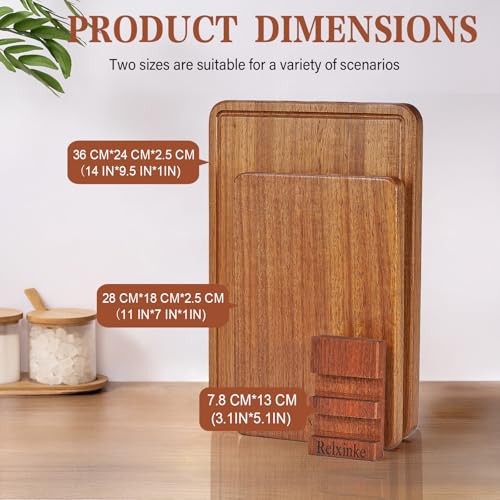 Relxinke Solid Teak Wood Cutting Board Set One Piece Non Glued Large Thick Crack Resistant Wooden Chopping Board with DeepJuice Grooves Built in Handles for Kitchen Meat Vegetable 14x9.5 IN &11X7 IN - Image 2
