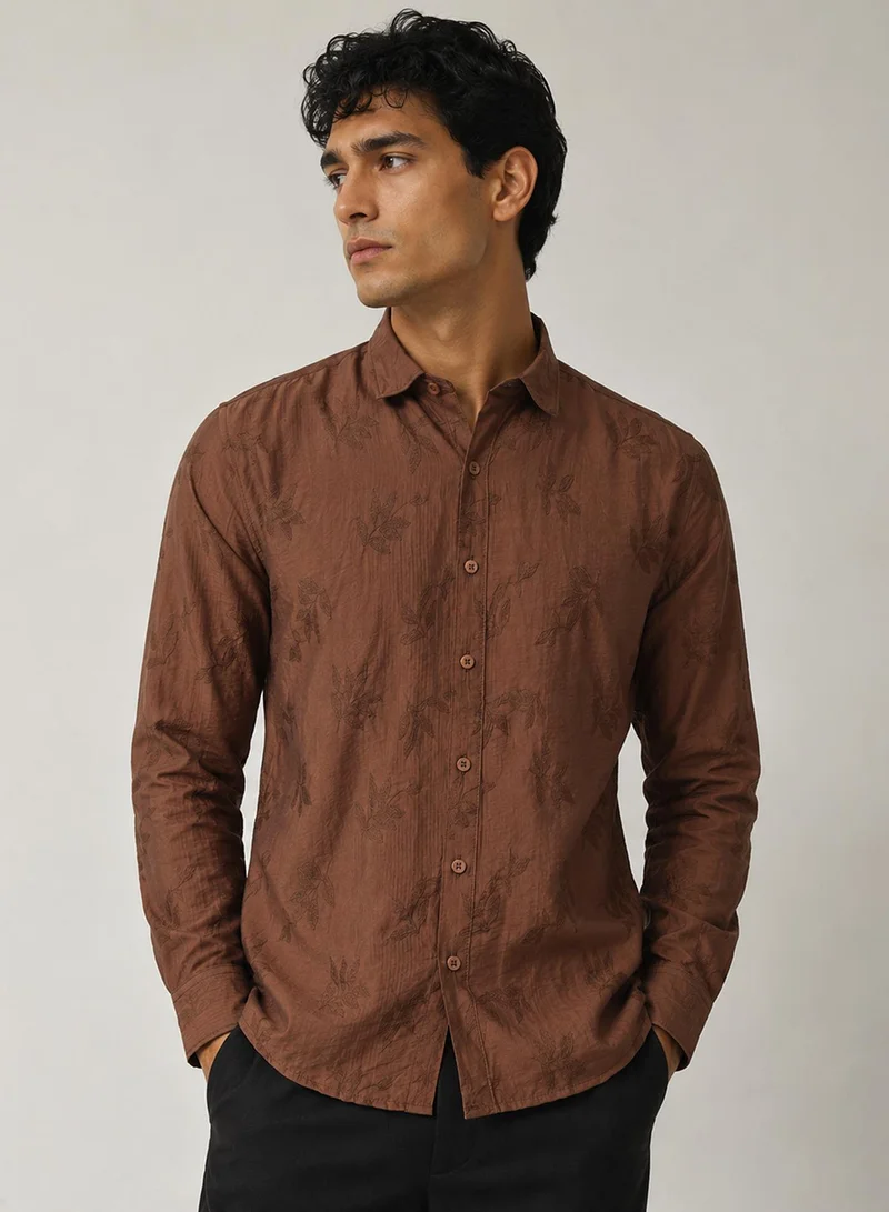 CAHOOT Men's Brown Self Design Regular Shirt For Casual Wear | Collared Neck | Long Sleeve | Button Closure | Viscose Blend Shirt Crafted With Comfort Fit For Everyday Wear