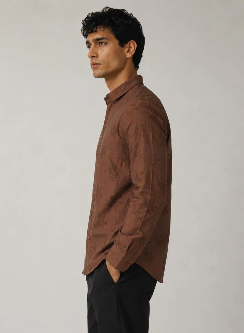 CAHOOT Men's Brown Self Design Regular Shirt For Casual Wear | Collared Neck | Long Sleeve | Button Closure | Viscose Blend Shirt Crafted With Comfort Fit For Everyday Wear
