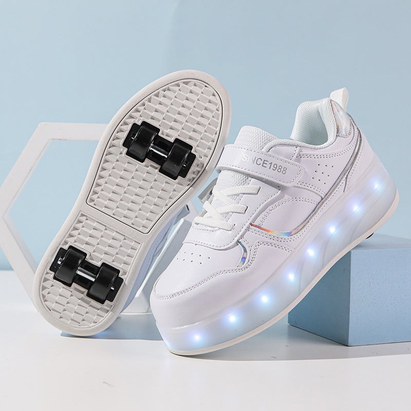 Generic [Cross-border] Double-wheel walking shoes boys and girls two-wheel charging shoes high-looking shoes with wheels for 6-16 years old 2988 white four-wheel charging