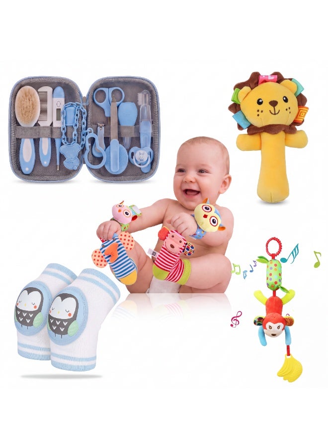 13-Piece Chicco Grooming Kit, Soft Lion Rattle, Stroller Toy, Wrist Rattles & Socks, and Baby Crawling Knee Pads Bundle