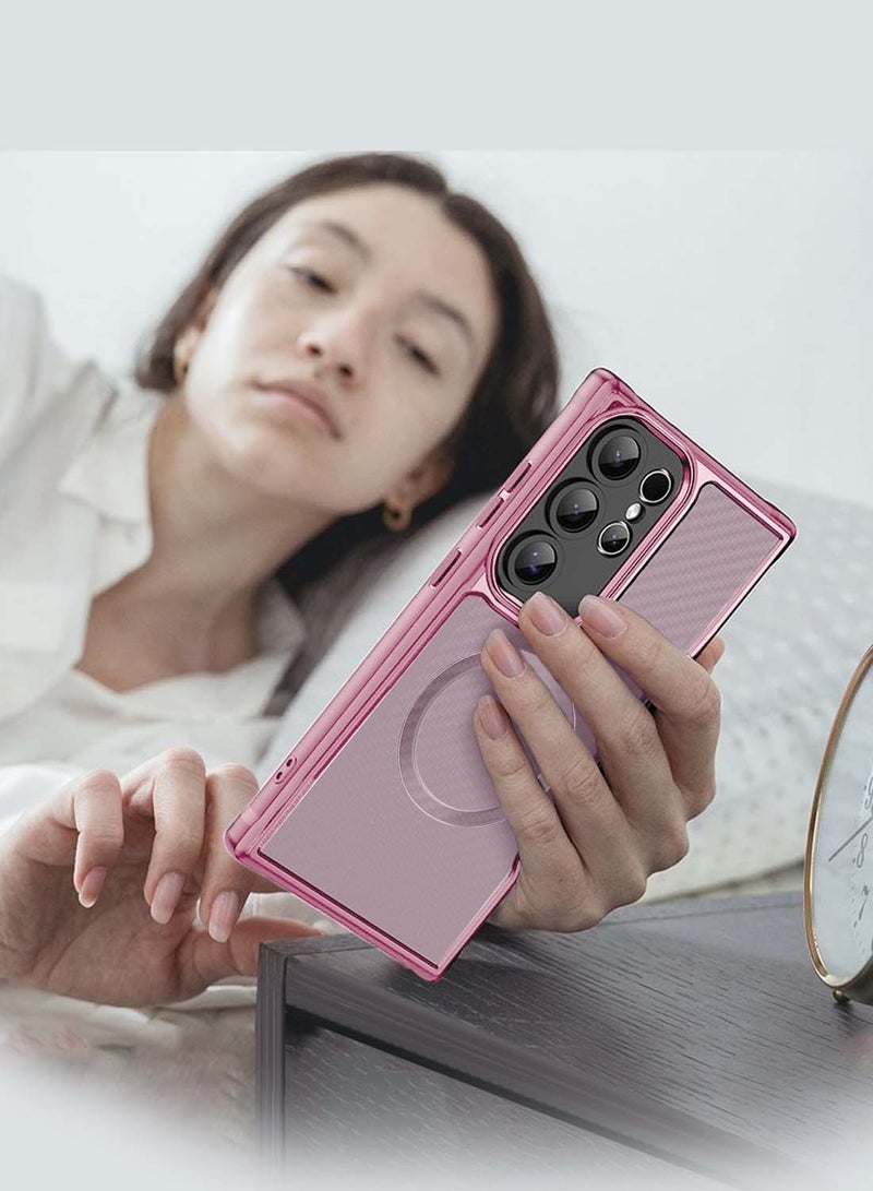 Wtech Samsung Galaxy S25 Ultra 2025 Premium 100S FOCUS PIXELS SERIES Hybrid TPU Carbon Fiber Material with MagSafe Full Drop Protection Case Cover - Pink - Image 4