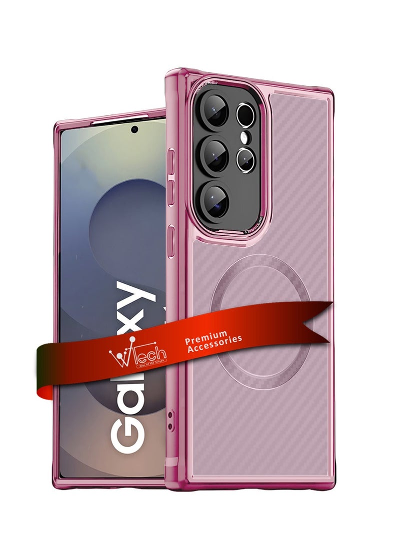Wtech Samsung Galaxy S25 Ultra 2025 Premium 100S FOCUS PIXELS SERIES Hybrid TPU Carbon Fiber Material with MagSafe Full Drop Protection Case Cover - Pink - Image 1