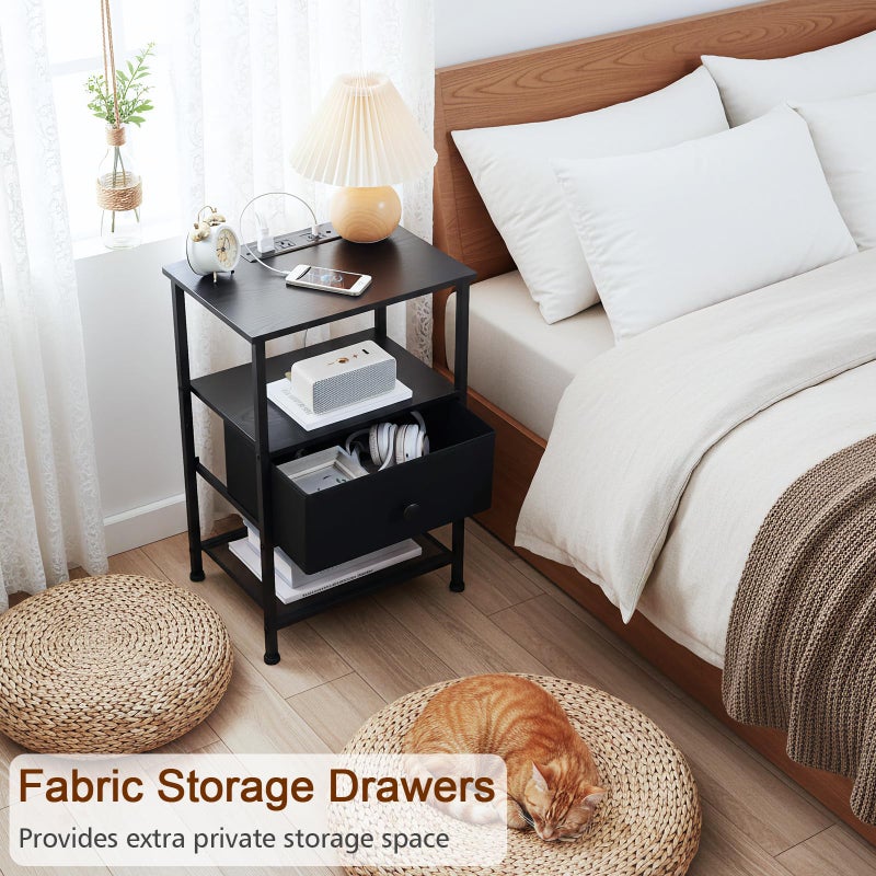 LOAKEKEL Night Stand Set 2, Nightstand with Charging Station, End Tables Living Room with Fabric Drawer for Small Spaces, Bed Side Tables with Storage Shelf for Bedroom, Black, HETS010BK - Image 5