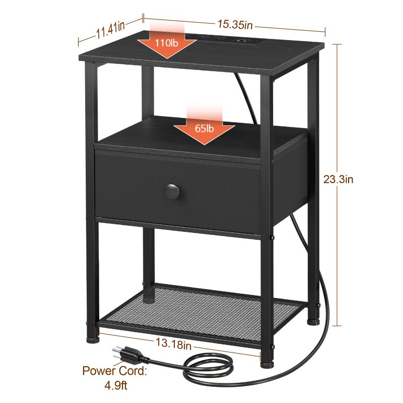 LOAKEKEL Night Stand Set 2, Nightstand with Charging Station, End Tables Living Room with Fabric Drawer for Small Spaces, Bed Side Tables with Storage Shelf for Bedroom, Black, HETS010BK - Image 4