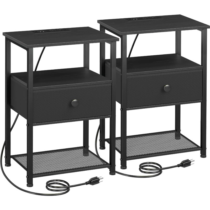 LOAKEKEL Night Stand Set 2, Nightstand with Charging Station, End Tables Living Room with Fabric Drawer for Small Spaces, Bed Side Tables with Storage Shelf for Bedroom, Black, HETS010BK - Image 1