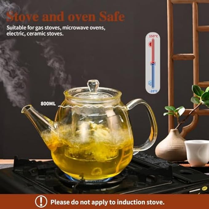 ريحني إبريق شاي زجاجي مع مضخم شفاف قابل للإزالة بحجم 800 مل 28 أونصة إبريق شاي زجاجي مقاوم للحرارة وصانع شاي بأوراق سائبة وميكروويف آمن في غسالة الصحون - Image 4