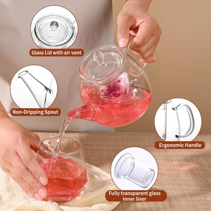 ريحني إبريق شاي زجاجي مع مضخم شفاف قابل للإزالة بحجم 800 مل 28 أونصة إبريق شاي زجاجي مقاوم للحرارة وصانع شاي بأوراق سائبة وميكروويف آمن في غسالة الصحون - Image 3