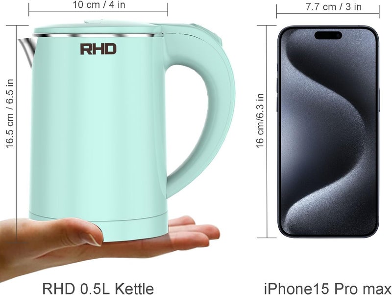 RHD 0.5L Small Portable Electric Kettle - Light Green Stainless Steel Travel Kettle with Auto Shut-Off - Image 2