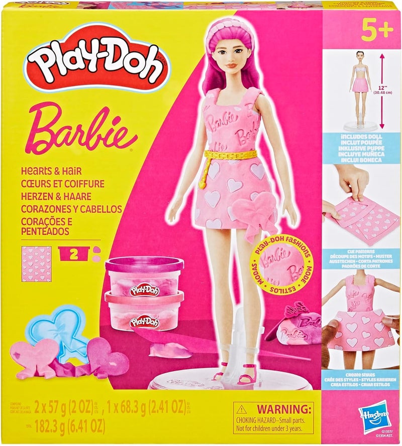 Play-Doh مجموعة باربي بلاي دو مع القلوب والشعر، اصنع ملابس الدمى مع مركب النمذجة و10 إكسسوارات أزياء، فنون وحرف للبنات والأولاد 5+ - Image 1