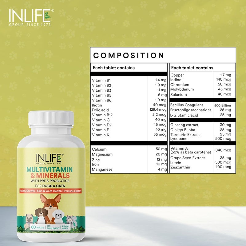 Inlife فيتامينات متعددة للكلاب والقطط والحيوانات الأليفة | جينسنغ، بروبيوتيك وبريبايوتيك، فيتامين ب12، ج، د، هـ، زنك وبيوتين مكمل للنمو الصحي، الجلد والفرو، دعم المناعة - 60 قرص - Image 2