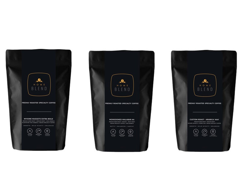 Home Blend Coffee Roasters - Specialty Coffee Assortment Pack - Pack of 3 x 75g (Assorted Roast Levels, Whole Beans) - Image 1