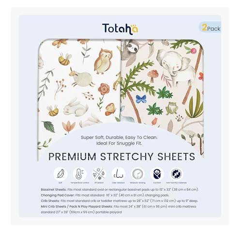 TotAha Crib Sheets for Boys Girls, Premium Soft Crib Mattress Fitted Sheet, Super Stretchy Jersey Knit Baby Sheets, Silky Comfort Baby Bed Sheets 28x52x9 Extra Deep Pocket, 2 Pack (Happy Zoo & Jungle) - Image 1