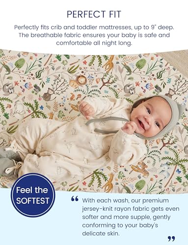 TotAha Crib Sheets for Boys Girls, Premium Soft Crib Mattress Fitted Sheet, Super Stretchy Jersey Knit Baby Sheets, Silky Comfort Baby Bed Sheets 28x52x9 Extra Deep Pocket, 2 Pack (Happy Zoo & Jungle) - Image 3