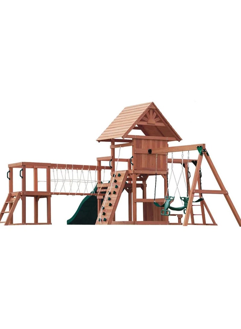 Unveil the Double Deck Everest Swing Set & Playhouse with Wooden Roof, Long Lasting, Weather-resistant Materials, 3 Years+, 660 x 665 x 332 cm - Brown