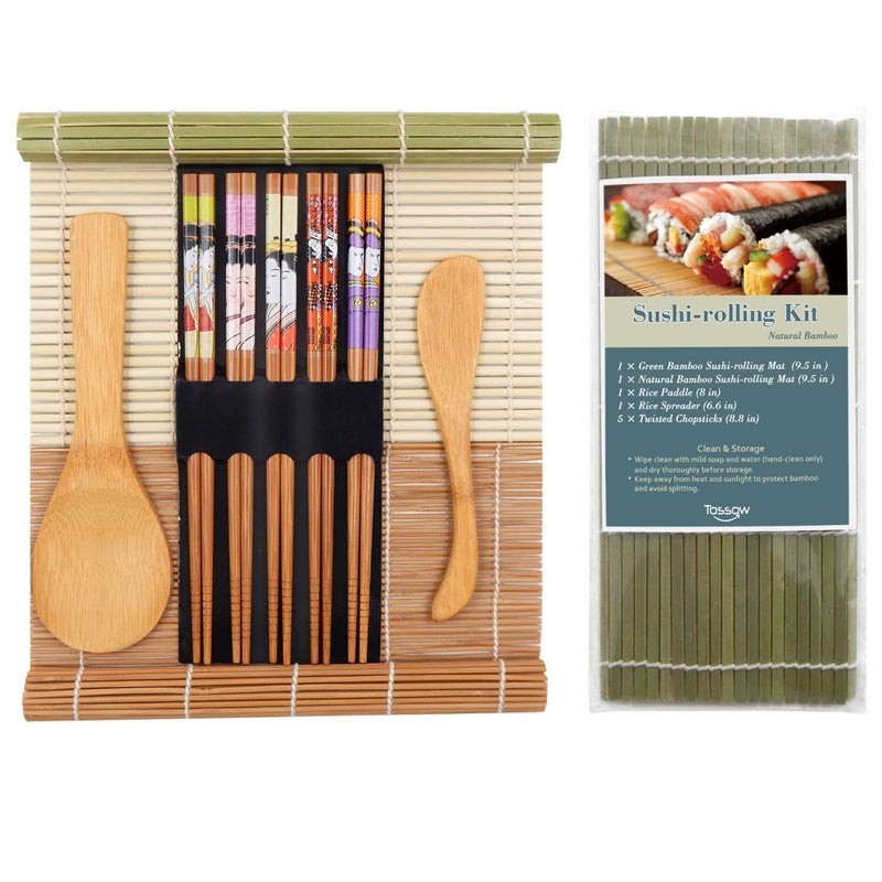 TOSSOW Sushi Making Kit  Includes 2 Sushi Roller Mats 1 Rice Paddle1 Rice Spreader and 5 Pairs Chopsticks Bamboo Sushi Sushi Kit Gift Set for Sushi Fanatics
