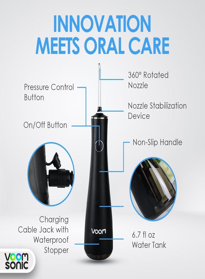 VOOM SONIC Cordless Water Flosser (Black) | Portable Oral Irrigator, Travel-Friendly Water Pick with 4-Tips, 3 Speed Rechargeable Water Dental Flosser for Teeth Cleaning, Braces & Sensitive Gums, IPX7 Waterproof - Image 2