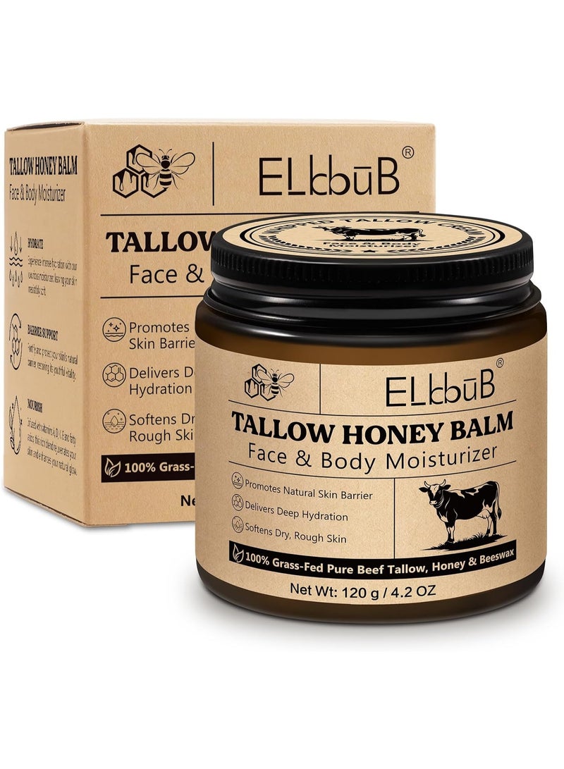 ELBBUB Whipped Tallow Cream for Face & Body - 100% Grass-Fed Beef Tallow, Natural Honey & Beeswax Moisturizer, Deep Hydration & Nourishment, Oil-Free & Unscented, Fast Absorbing