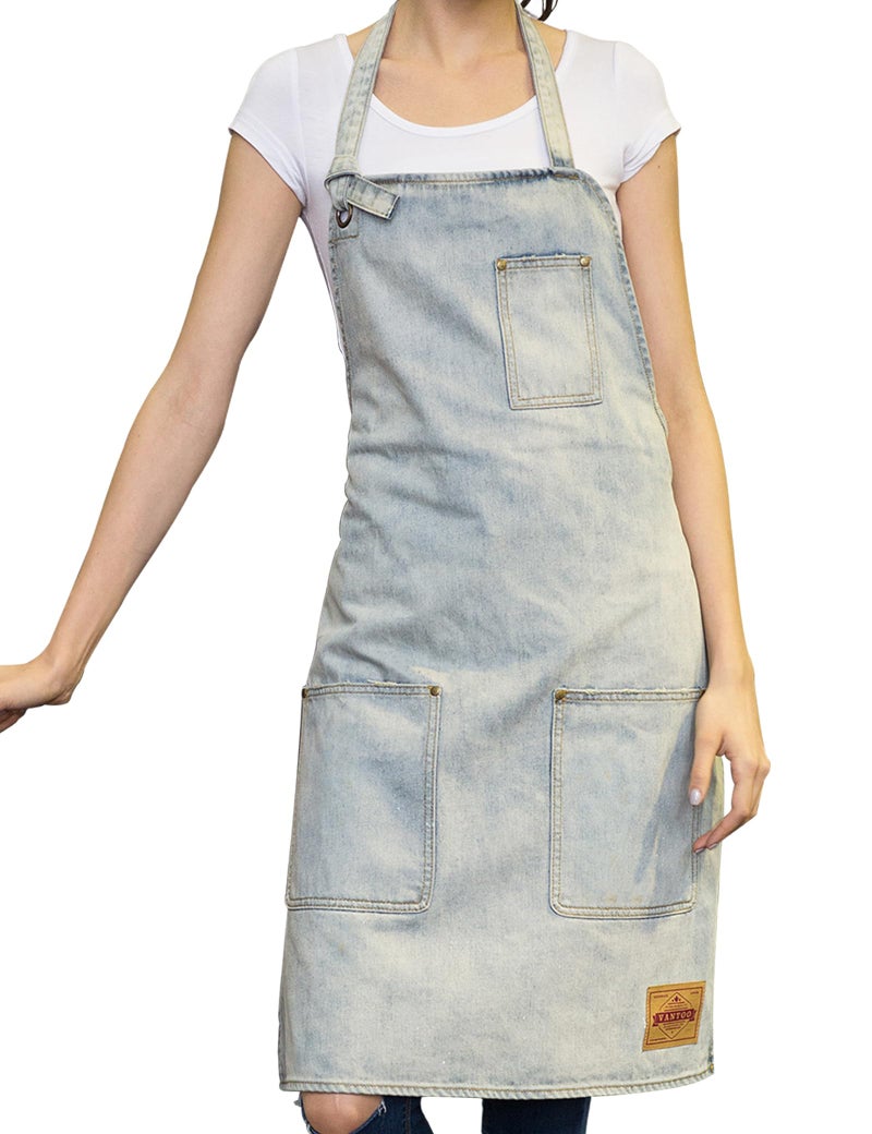 VANTOO Unisex Distressed Jean Apron with Convenient Pockets for Men and WomenWhite