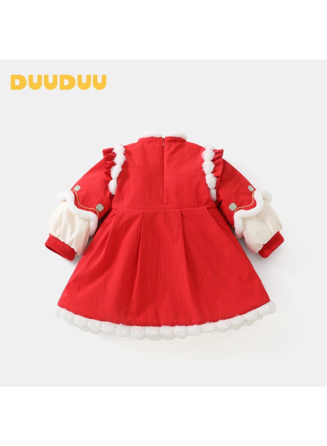 Duuduu Girls Chinese New Year Winter Quilted Dress Fleece Lined Toddler Red 120 - Image 2