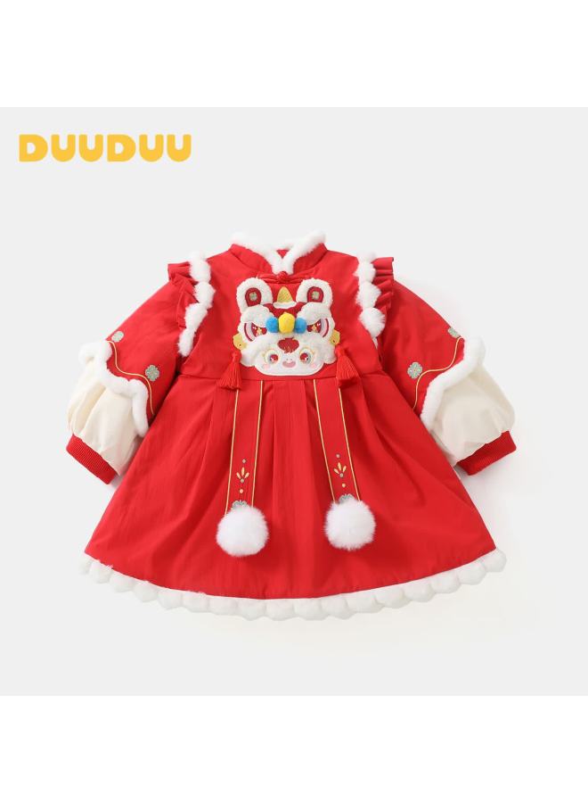 Duuduu Girls Chinese New Year Winter Quilted Dress Fleece Lined Toddler Red 120 - Image 1
