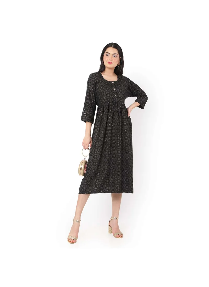 هانا آند سارا SOFT VISCOSE BLACK COLOUR PRINTED CASUAL FRONT BUTTONED SHORT ARABIC KAFTAN JALABIYA DRESS