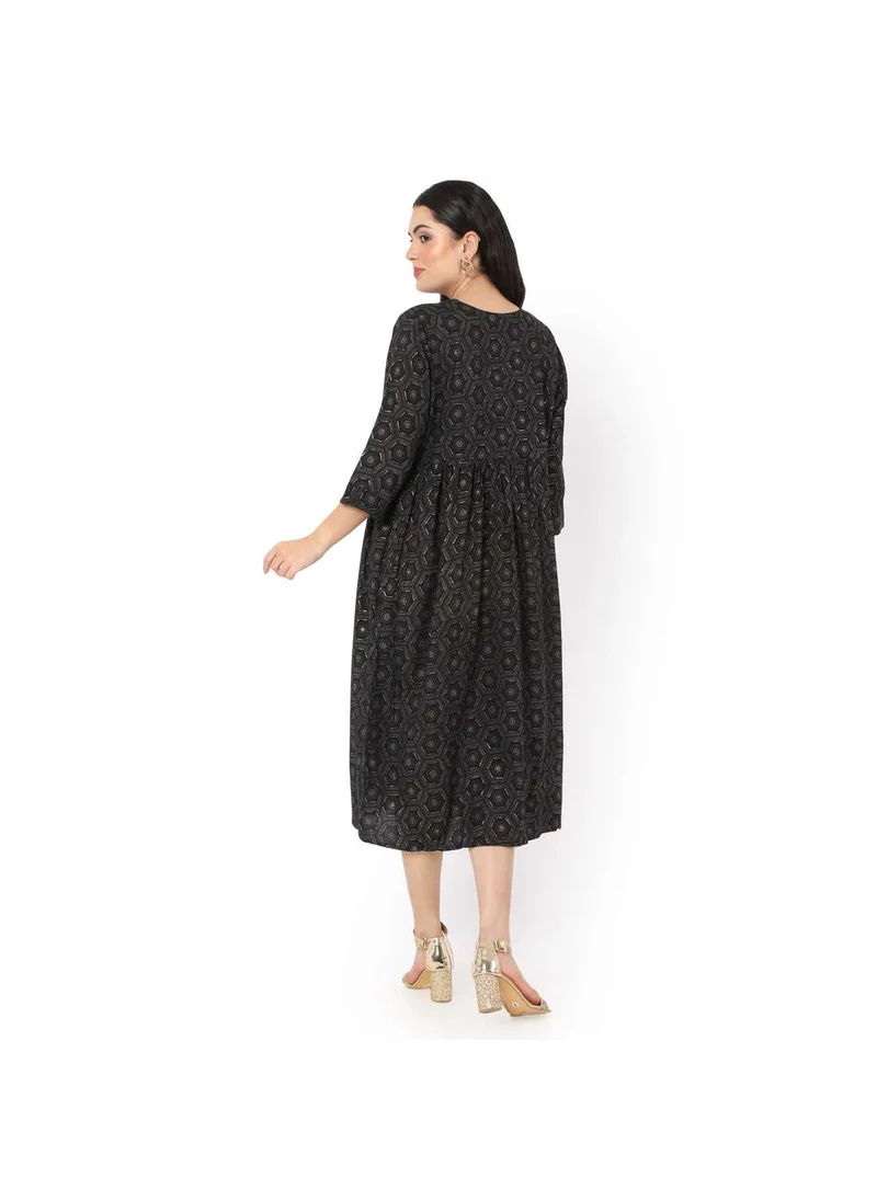 هانا آند سارا SOFT VISCOSE BLACK COLOUR PRINTED CASUAL FRONT BUTTONED SHORT ARABIC KAFTAN JALABIYA DRESS