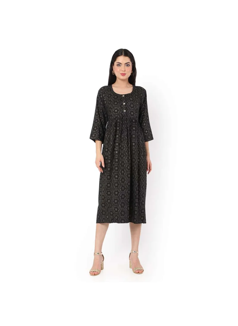 HANA & SARA SOFT VISCOSE BLACK COLOUR PRINTED CASUAL FRONT BUTTONED SHORT ARABIC KAFTAN JALABIYA DRESS