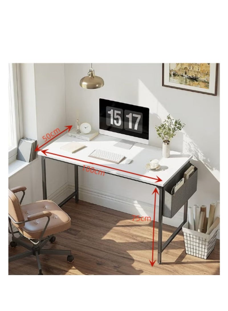 Generic Modern Computer Desk Sturdy Office Desk Simple Writing Desk Study Table with Storage Bag and Hook for Home Office Bedroom Living Room PC Laptop Notebook Table (100 * 50cm, White) - Image 2