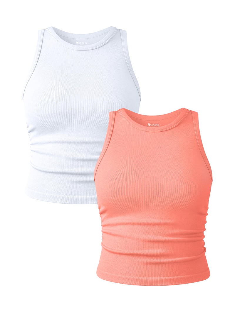 OQQ Women's 2 Piece Tank Tops Crew Neck Sleeveless Basic Stretch Casusal Yoga Crop Camis Coral Orange White - Image 1