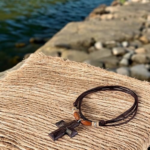 BlueRica Hand Carved Wood Cross on Adjustable Brown Cord Necklace - Image 3