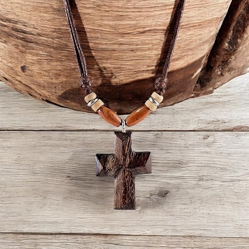 BlueRica Hand Carved Wood Cross on Adjustable Brown Cord Necklace - Image 2