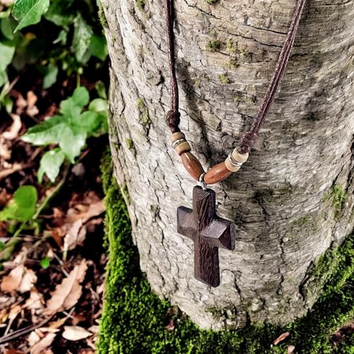 BlueRica Hand Carved Wood Cross on Adjustable Brown Cord Necklace - Image 4