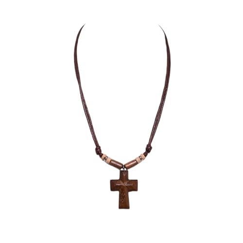 BlueRica Hand Carved Wood Cross on Adjustable Brown Cord Necklace - Image 1