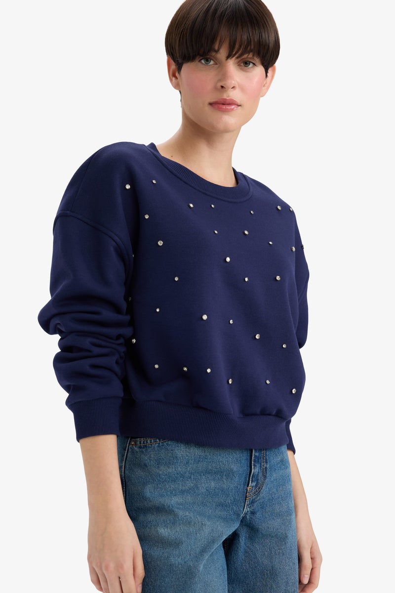 DeFacto Blue Woman Boxy Fit Embroidered Long Sleeve Sweatshirt Casual - Image 1