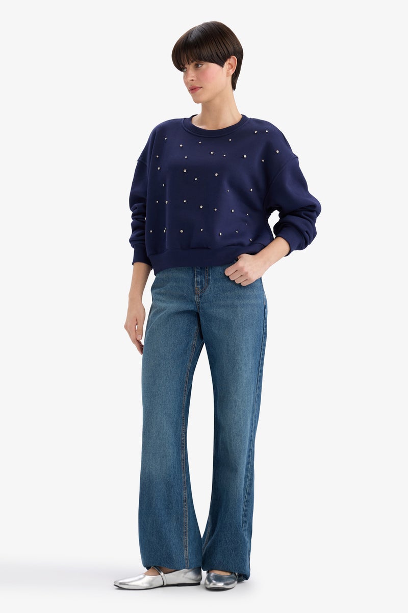 DeFacto Blue Woman Boxy Fit Embroidered Long Sleeve Sweatshirt Casual - Image 2