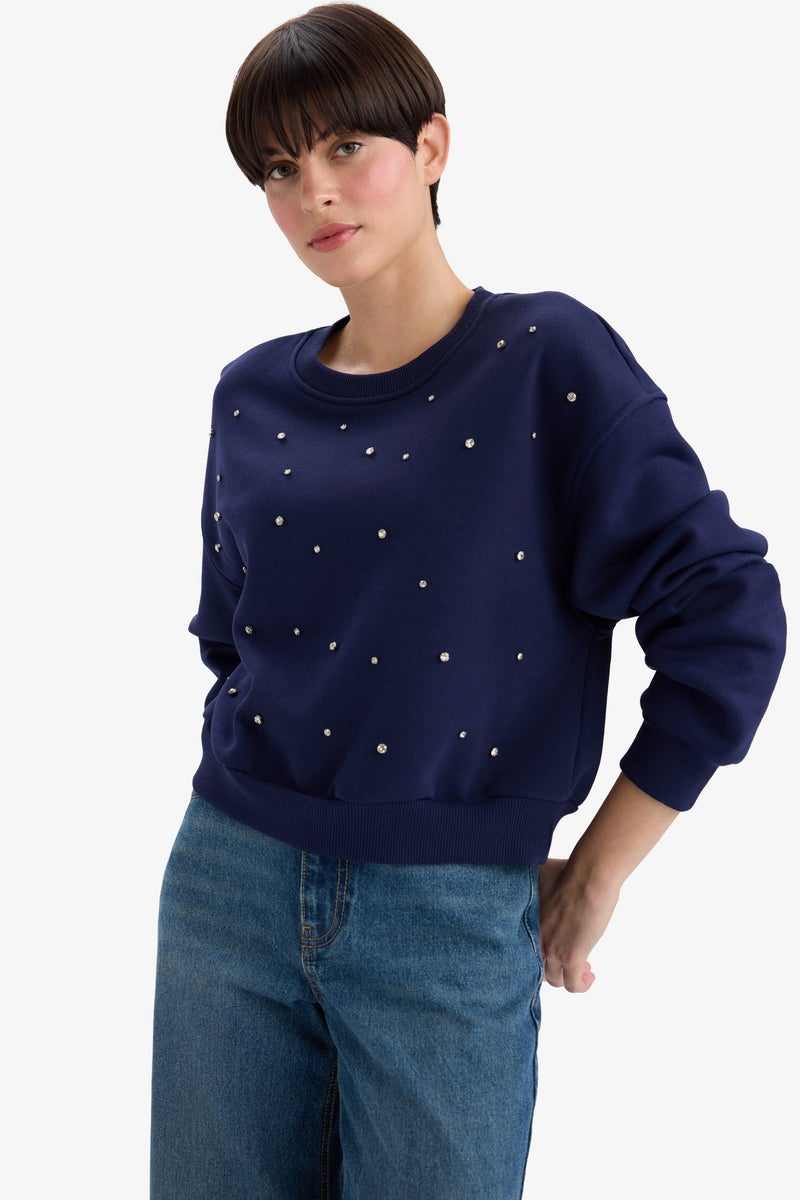 DeFacto Blue Woman Boxy Fit Embroidered Long Sleeve Sweatshirt Casual - Image 4