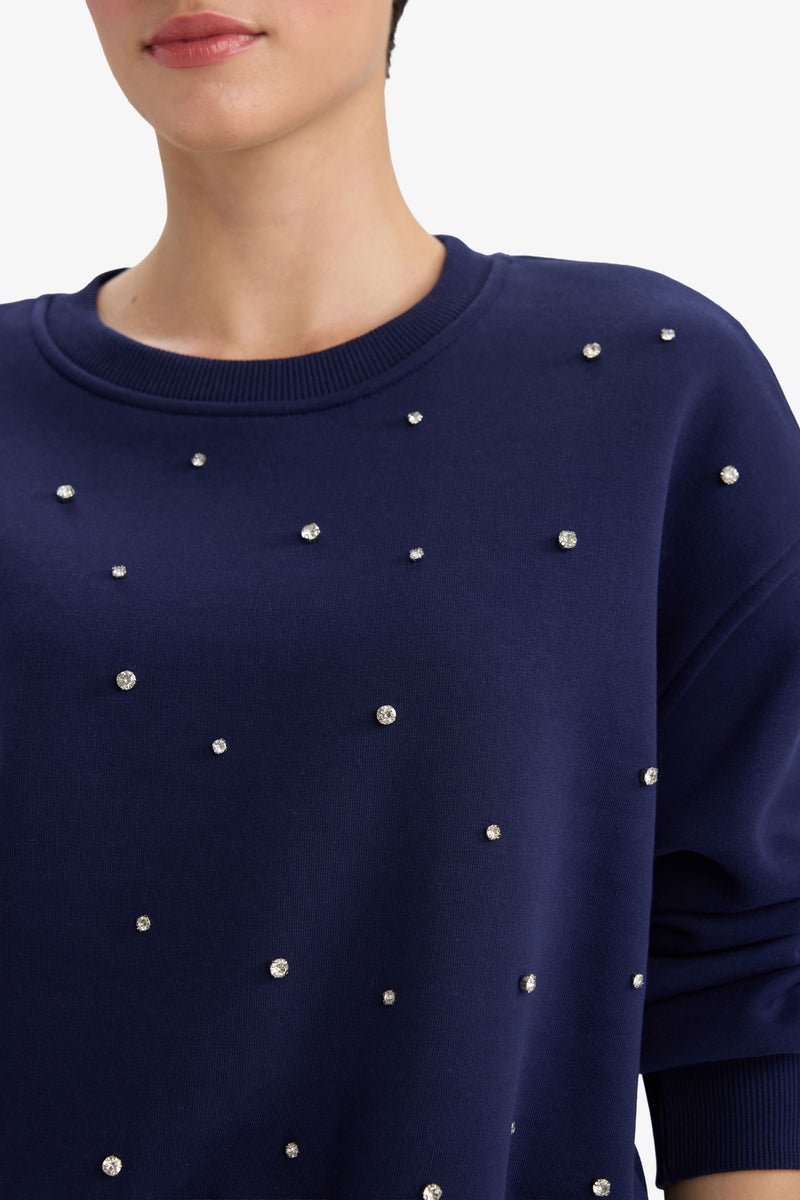 DeFacto Blue Woman Boxy Fit Embroidered Long Sleeve Sweatshirt Casual - Image 5