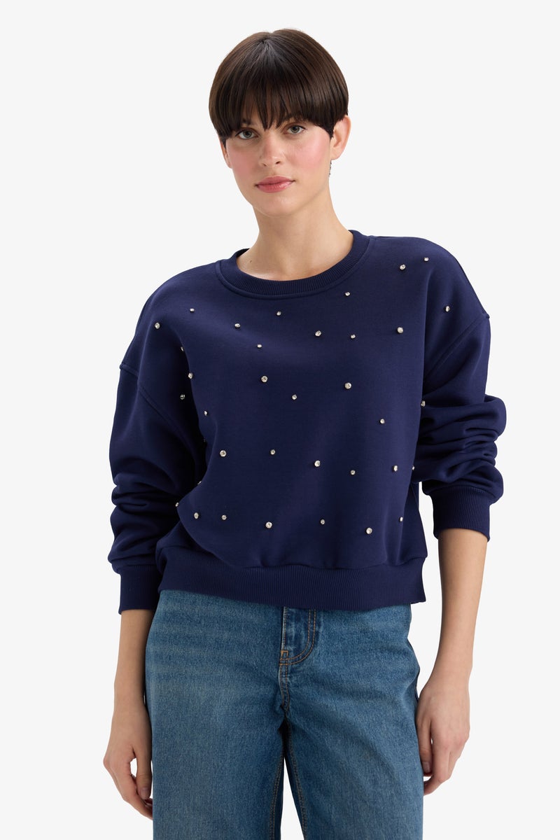 DeFacto Blue Woman Boxy Fit Embroidered Long Sleeve Sweatshirt Casual - Image 3